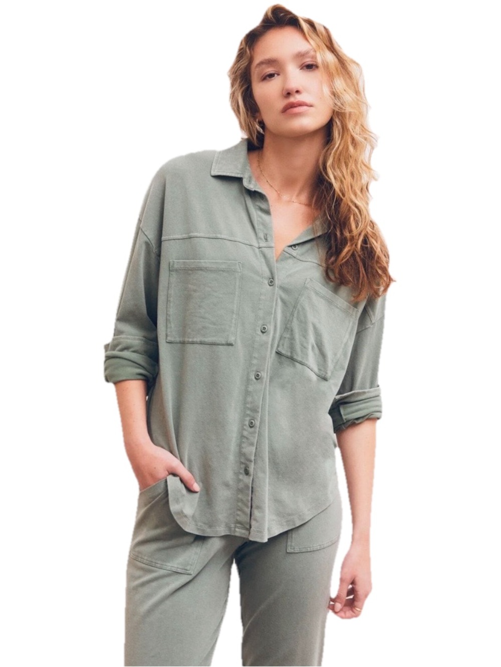 Z Supply Nicola Button Up Top Green Soft Stretchy Cozy Long Sleeve Shirt Medium